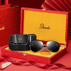 Men's Top Layer Cowhide Belt Sunglasses Set