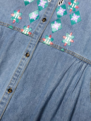 Embroidery Crochet Pattern Denim A-Line Dress