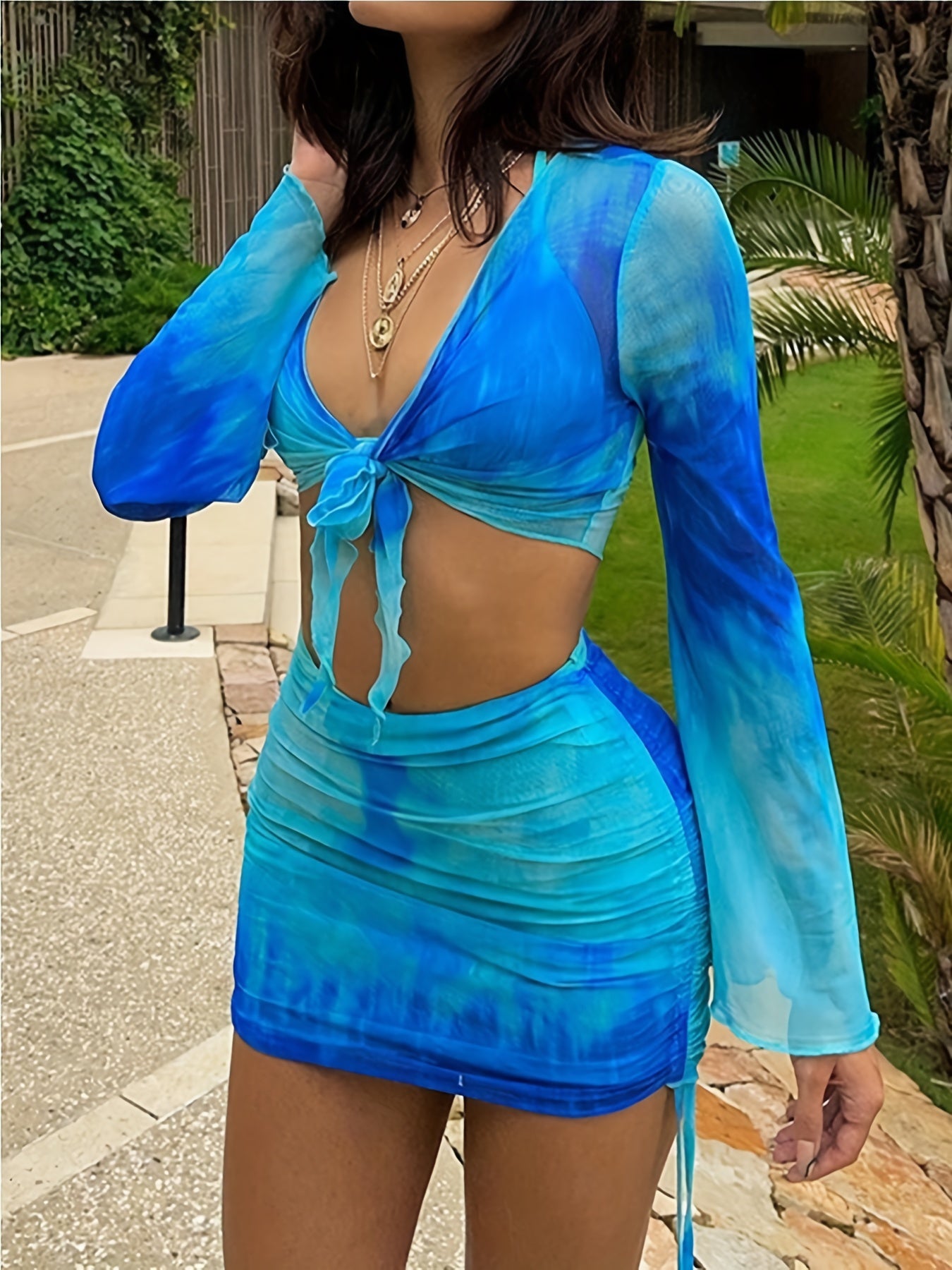 Random Print 2pc Crop Top & Skirt Set Long Sleeve Tie Front Mini Skirt Outfit