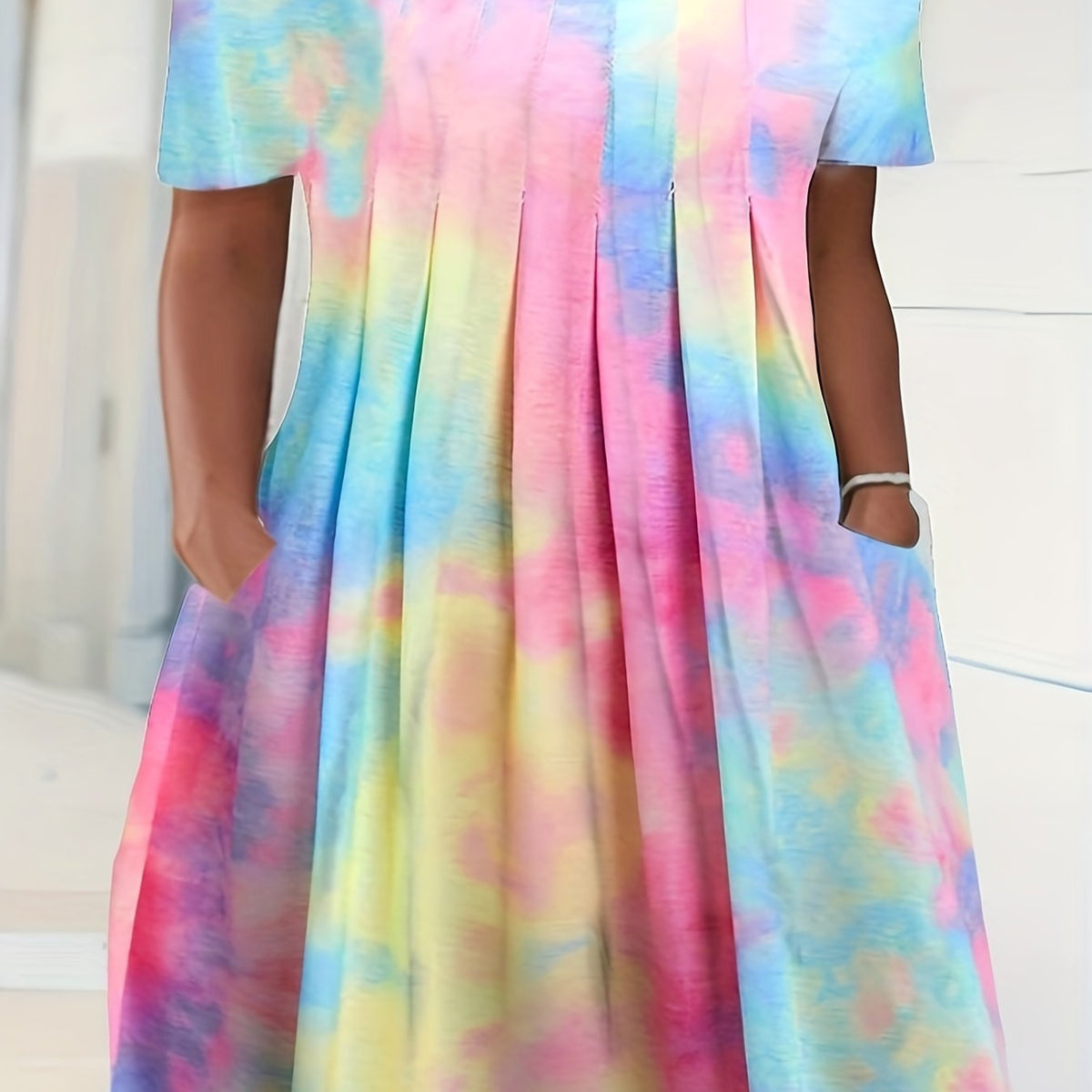  Tie Dye Short Sleeve Pleated Dress With Pockets