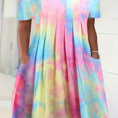  Tie Dye Short Sleeve Pleated Dress With Pockets