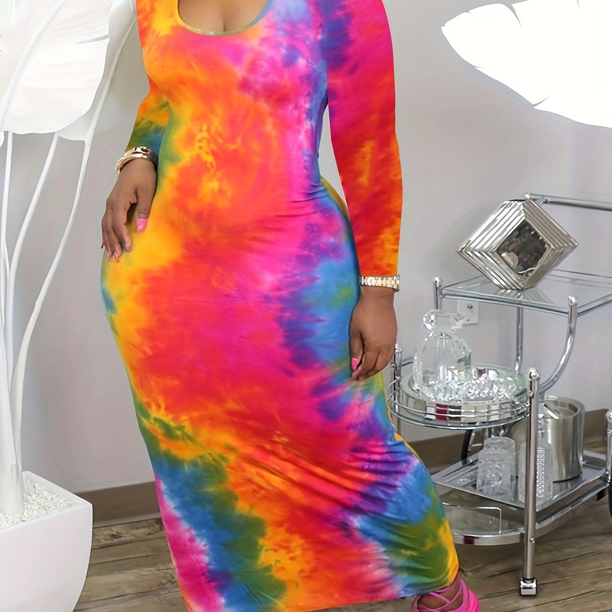  Tie Dye Long Sleeve Bodycon Maxi Dress