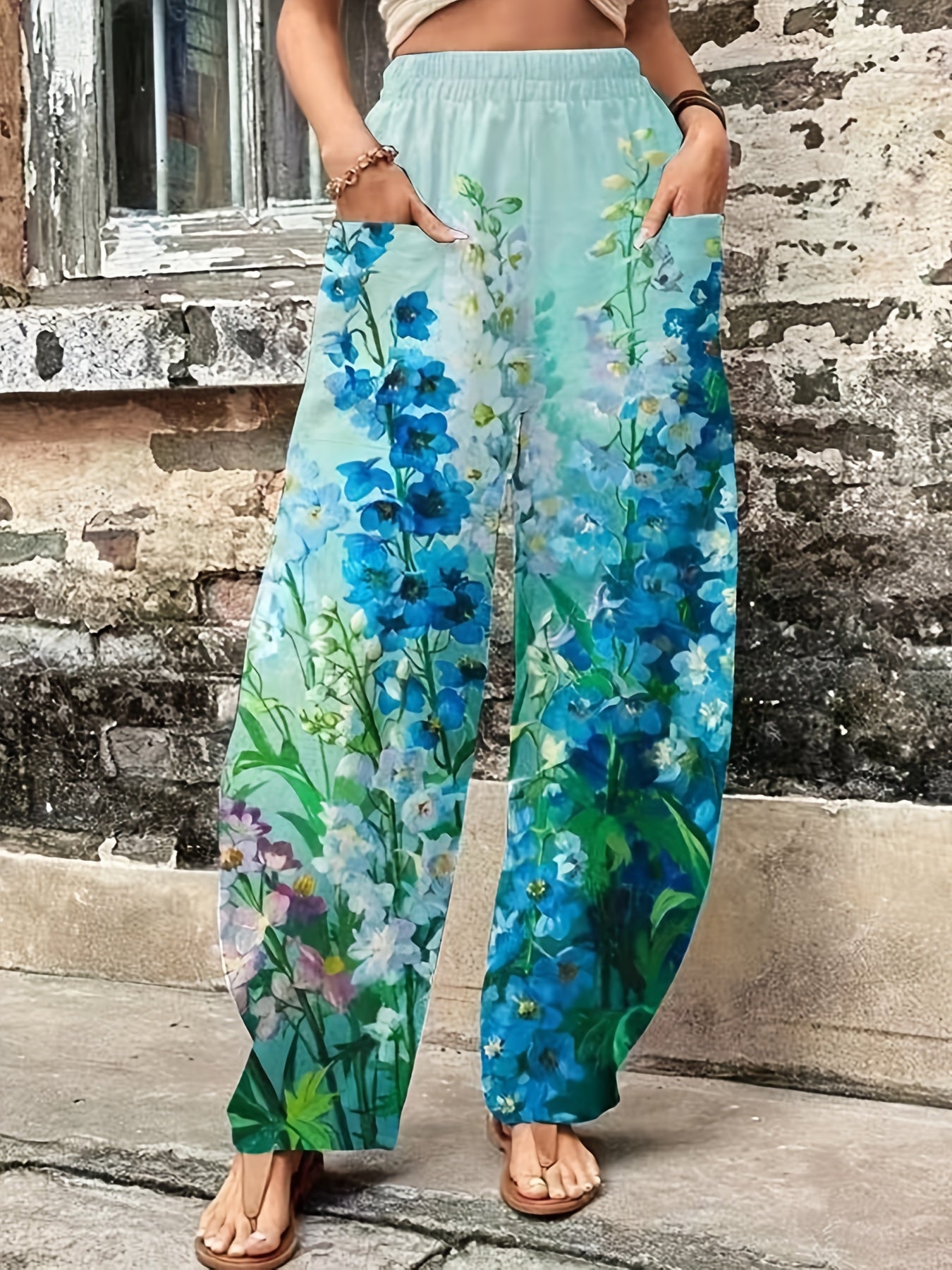 Floral Print Straight Leg Pants With Pockets