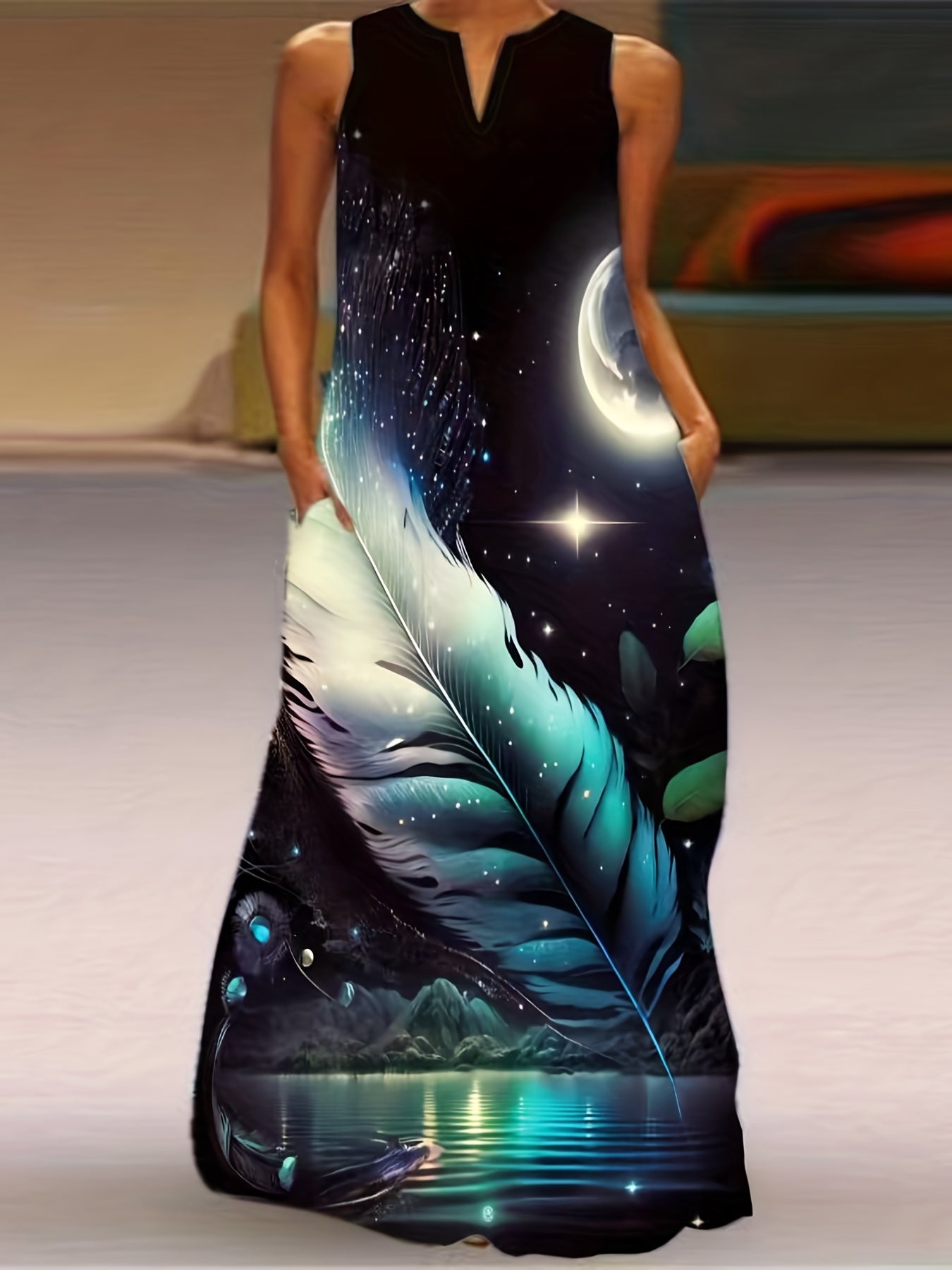  Butterfly Print Tank Maxi Dress with Pockets