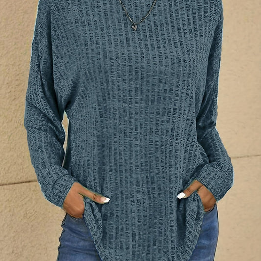  Solid Knit Top Ribbed Long Sleeve Sweater