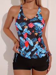 Print Round Neck Tankini Sets Boxer Short Two Pieces Swimsuit Women's Swimwear