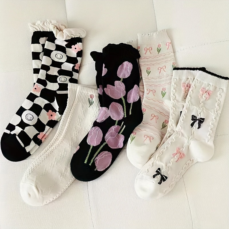 5 Pairs Cute Pattern Mid Tube Socks for Women