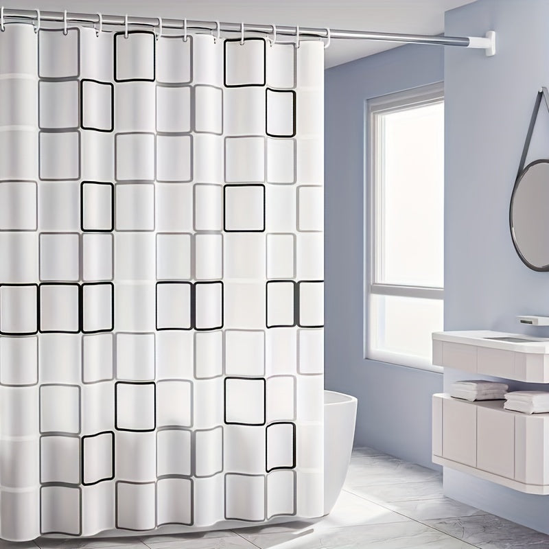 Modern Plaid Shower Curtain with Waterproof Stylish Hooks