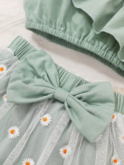 2pcs Toddler Girls Ruffle Crop Top & Floral Mesh Skirt Set