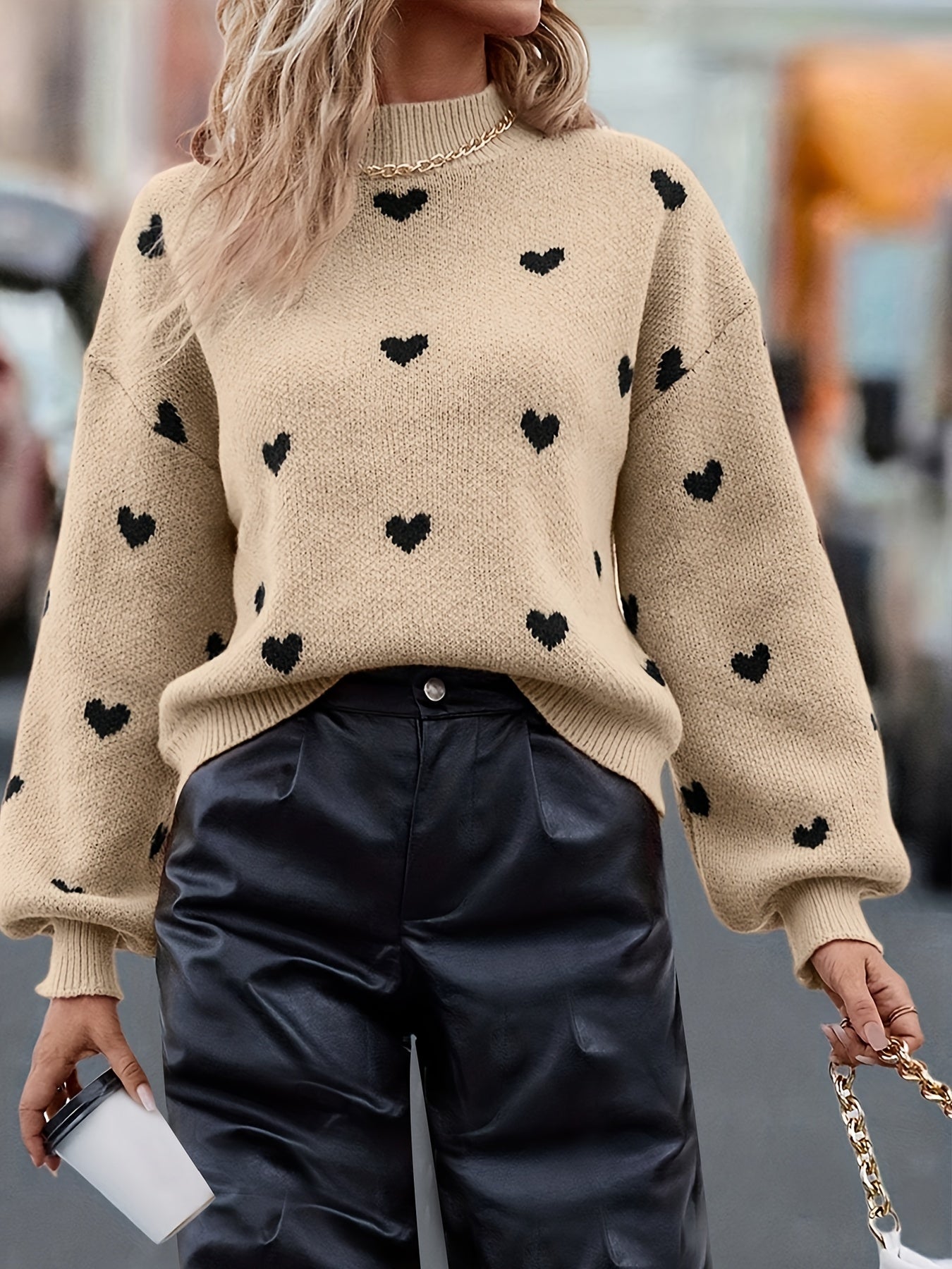 Heart Pattern Mock Neck Pullover Sweater for Fall & Winter