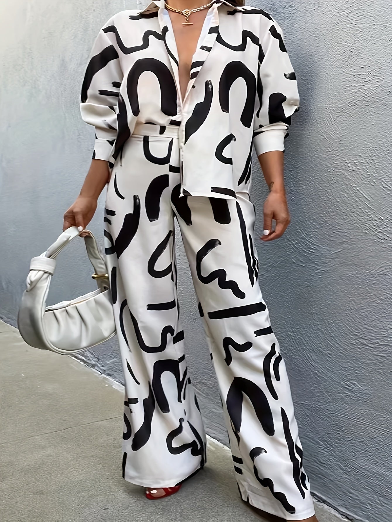  Graffiti Print Long Sleeve Blouse & Wide Leg Pants Set