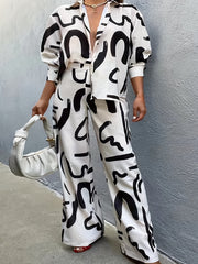  Graffiti Print Long Sleeve Blouse & Wide Leg Pants Set