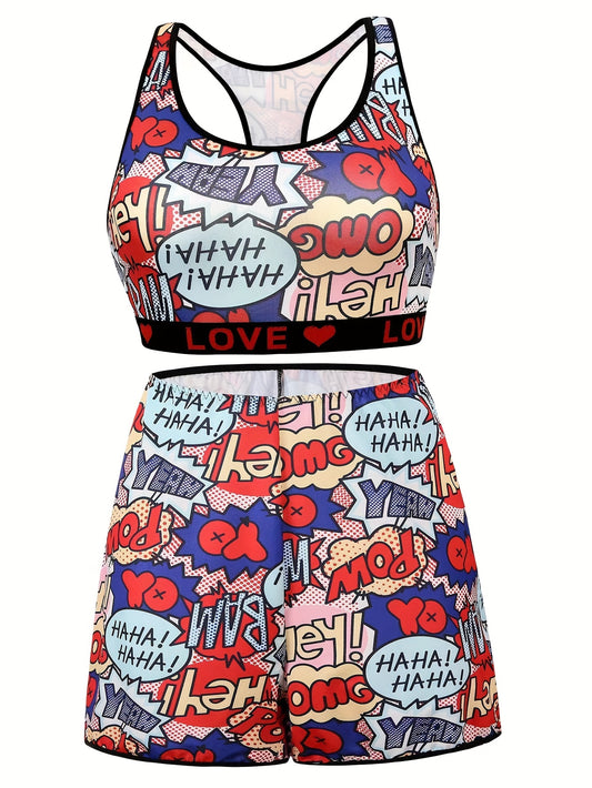  Y2K Pop Art Print Racer Back Tank Bra & Shorts Set
