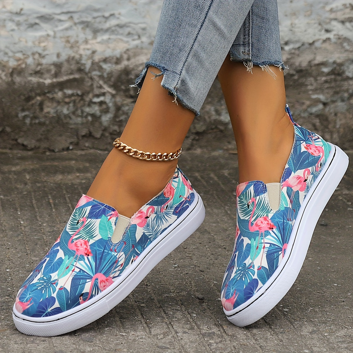 Tropical Flamingo Leaves Print Flat Wear Resistance Skate Shoes