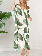  Tropical Print V Neck Split Cover Up Dress