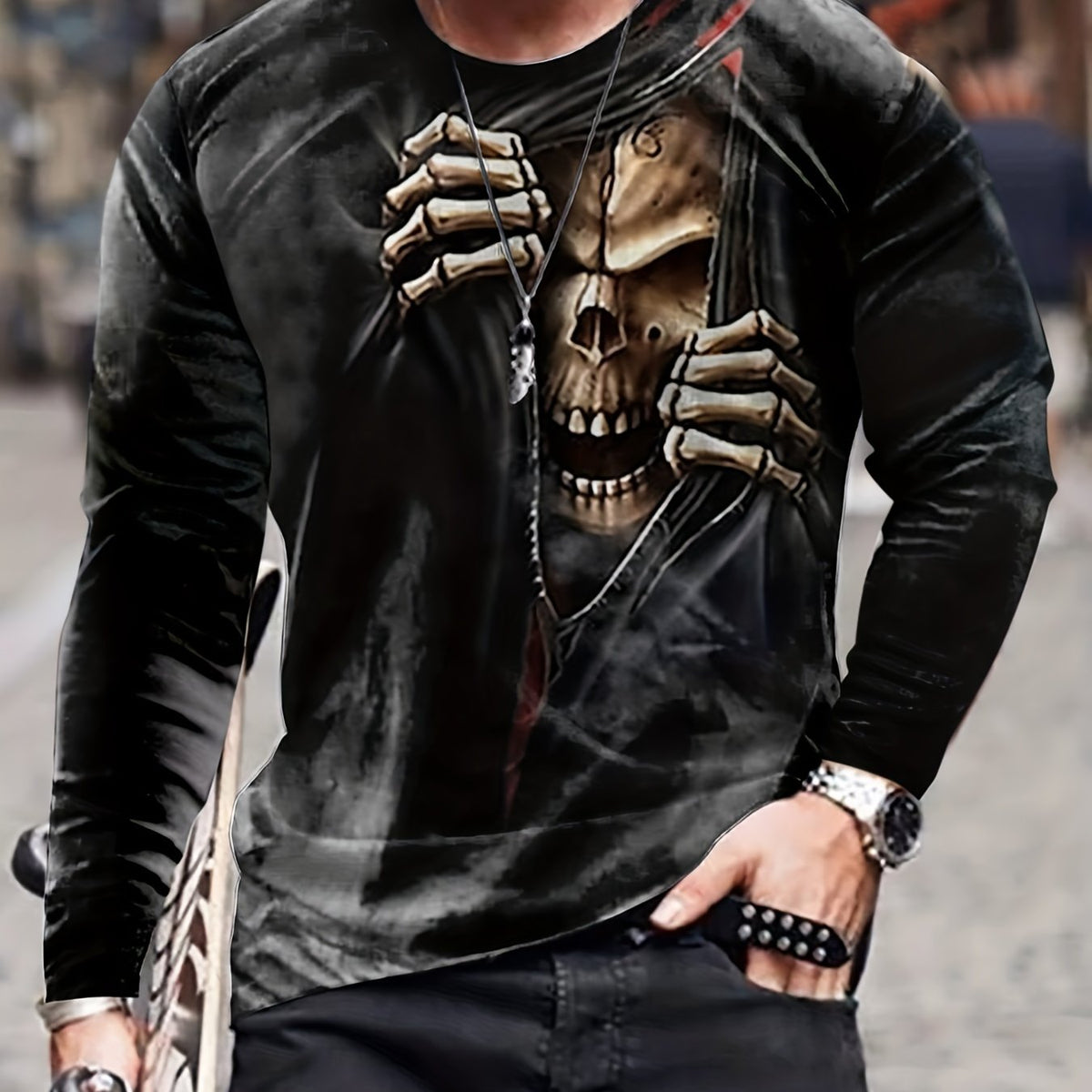 Skeleton Print Men's Long Sleeve T shirt Vintage Style