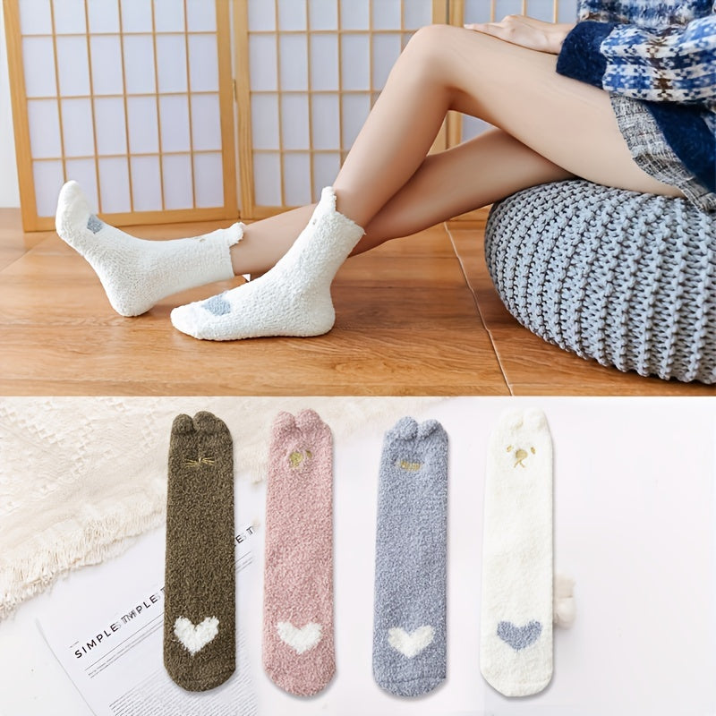 4 Pairs Heart Print Socks Comfy & Warm Fuzzy Socks Women's Stockings