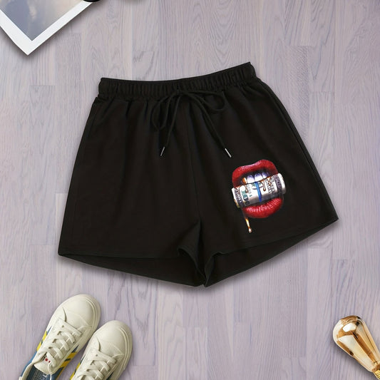  Mouth Print Drawstring Shorts