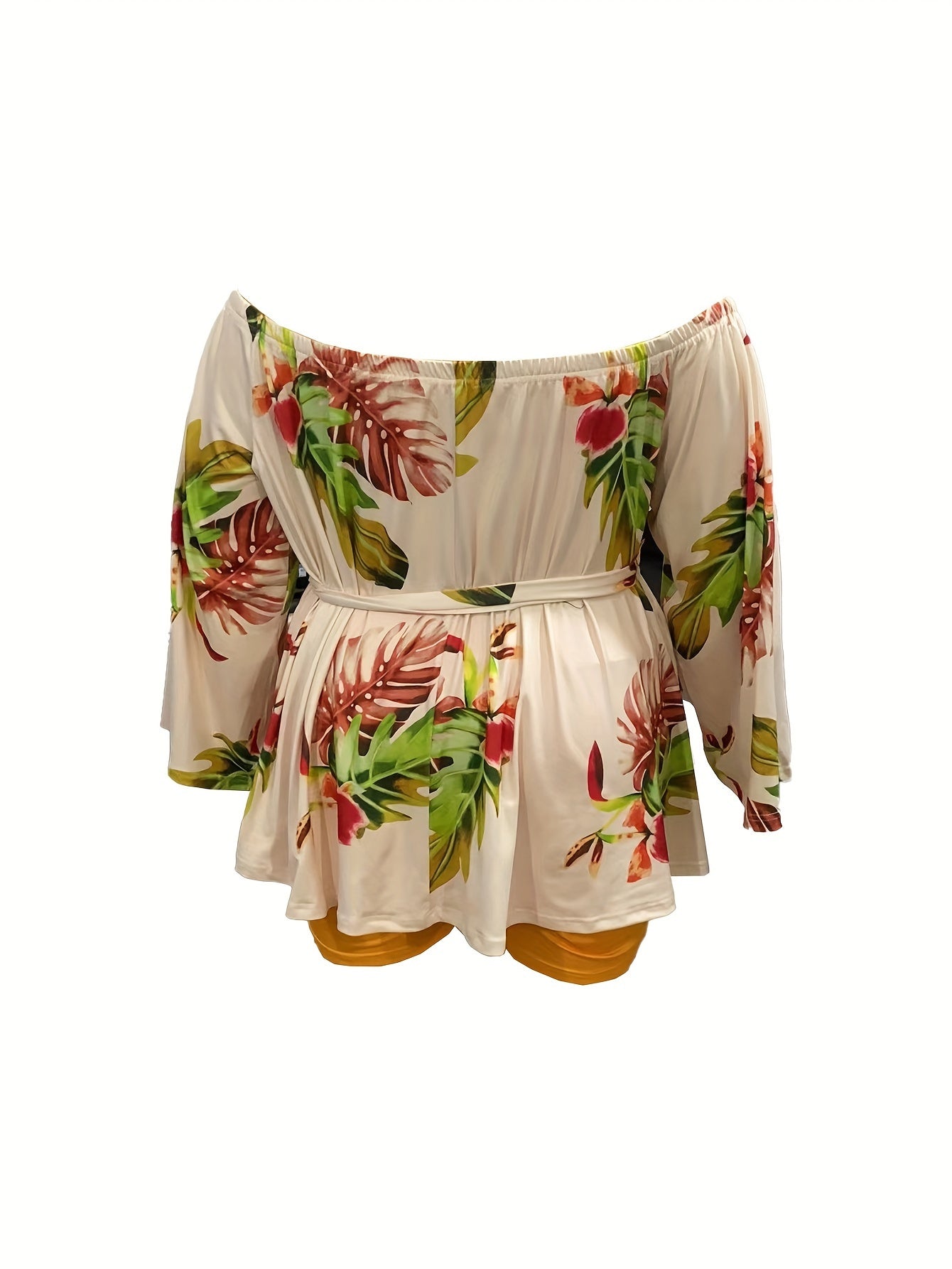  Tropical Print Off Shoulder Top & Shorts Set