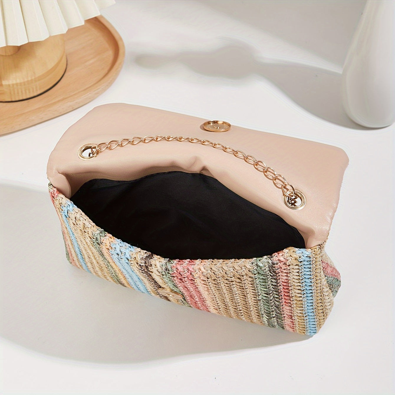 Boho Mini Shoulder Bag Colorful Striped Weave & Chain Strap