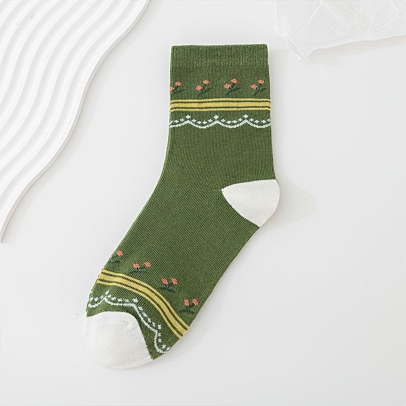 5 Pairs Floral Print Mid Tube Socks Women's Stockings