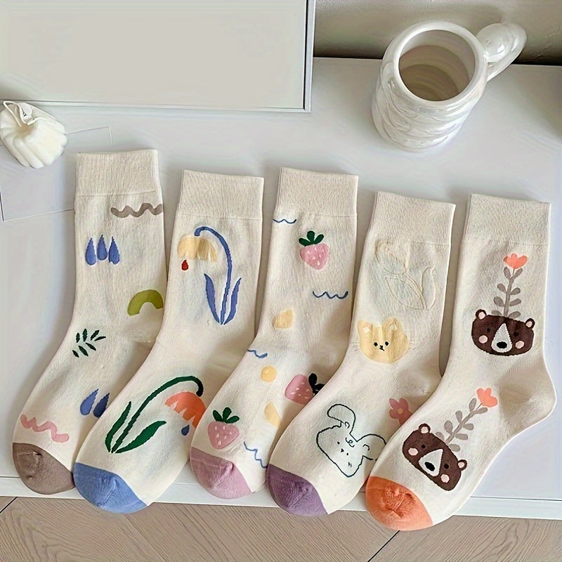 5 Pairs Floral Cartoon Print Socks Women's Stockings