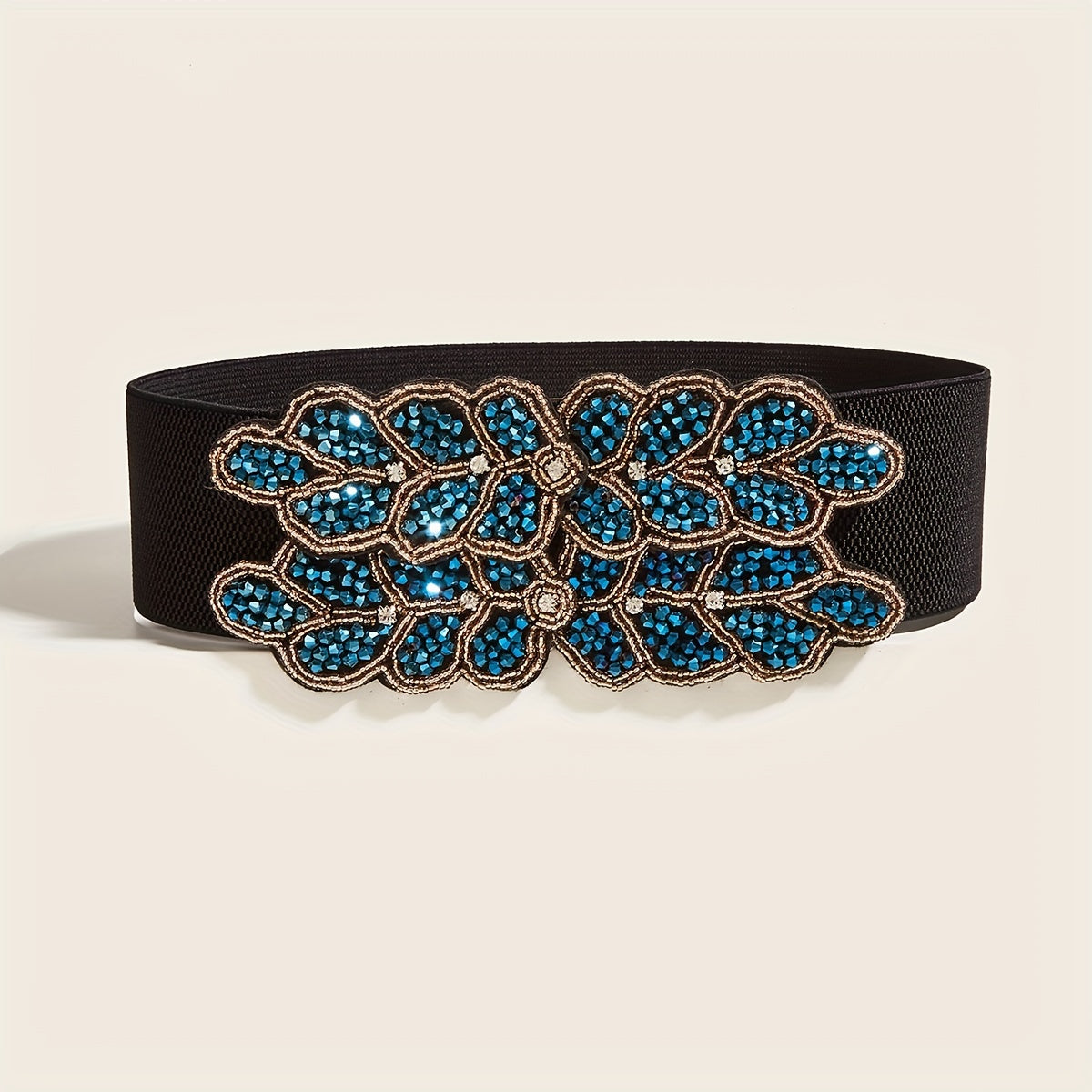 Wide Elastic Belt Double Row Rhinestone Flower Waistband
