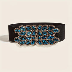 Wide Elastic Belt Double Row Rhinestone Flower Waistband