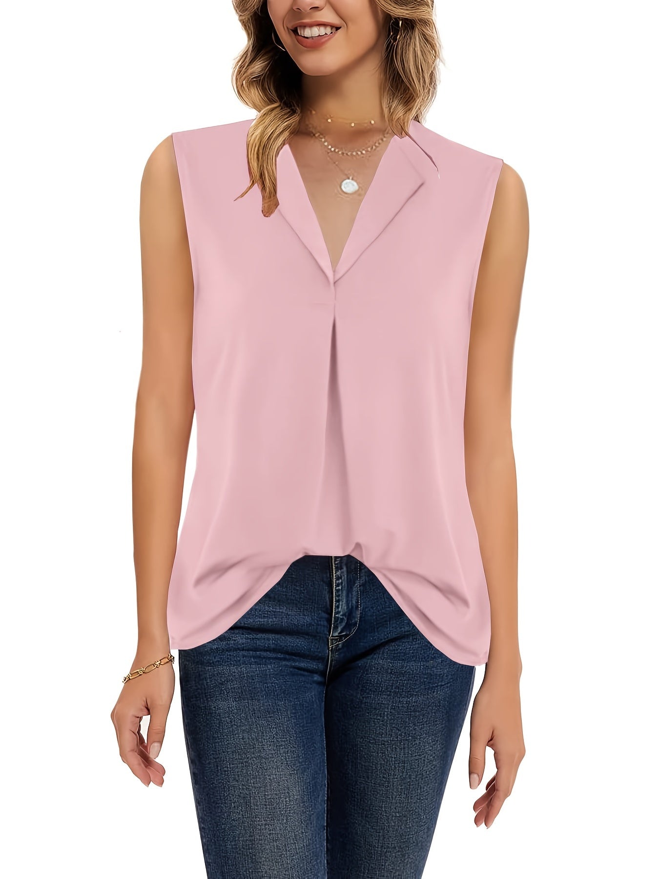 Solid V Neck Sleeveless Tank Top Loose Office Work
