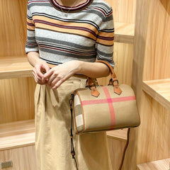 Striped Boston Pillow Handbag Light Brown with Red Accents