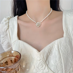 Camellia & Faux Pearl Necklace Female Clavicle Summer Accessories