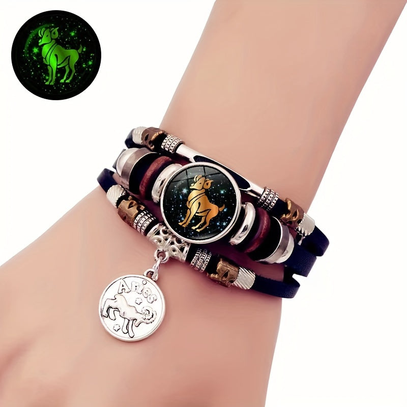 12 Zodiac Luminous Leather Bracelet Multilayer Beaded Hand Jewelry