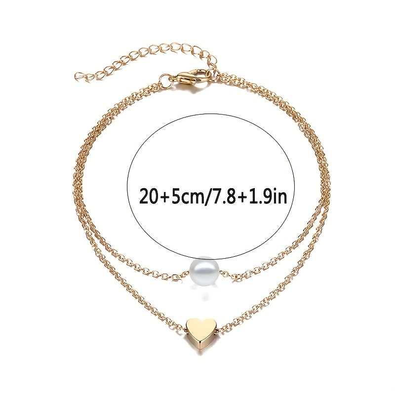 Heart Beads Chain Anklet Double Layered Faux Pearl Ankle Chain