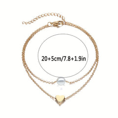 Heart Beads Chain Anklet Double Layered Faux Pearl Ankle Chain