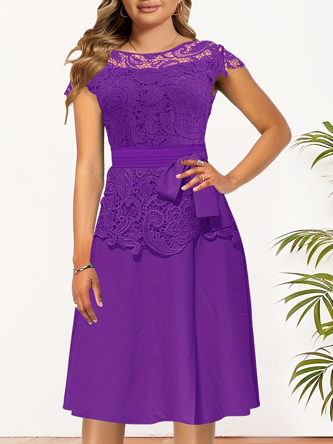 Lace Contrast Cap Sleeve A Line Dress With Belted