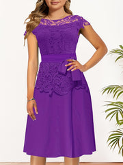 Lace Contrast Cap Sleeve A Line Dress With Belted