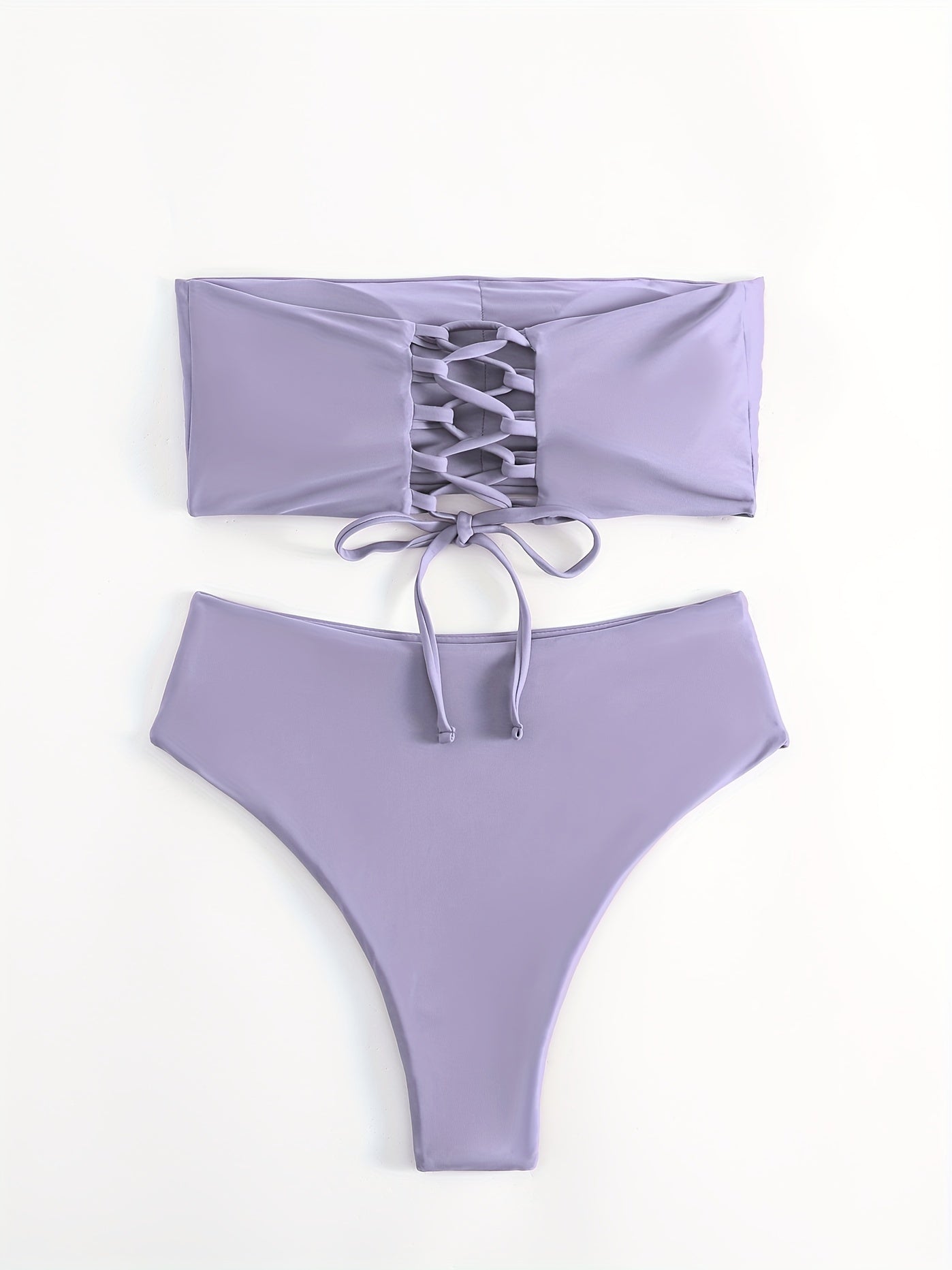 Solid Bandeau Tie Back Bikini Sets High Cut Two Pieces Swimsuit Women's Swimwear
