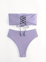 Solid Bandeau Tie Back Bikini Sets High Cut Two Pieces Swimsuit Women's Swimwear