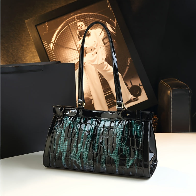 Stylish Soft Leather Chain Bag Crocodile Pattern Zip Closure Polyester Lining