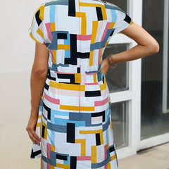 Plus Geometric Print V Neck Dress With Belt