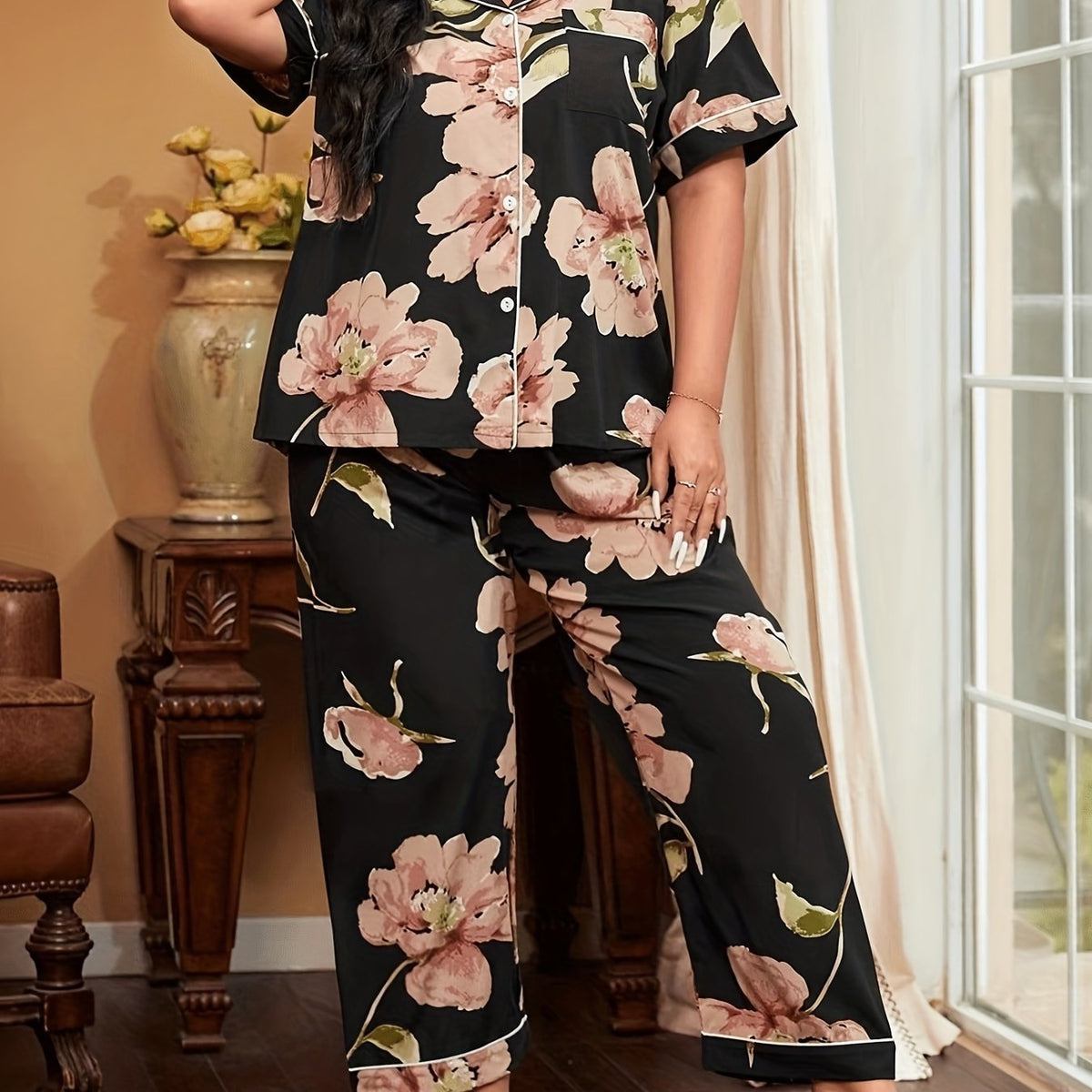 Floral Pajama Set Short Sleeve Button Up Plus Size Loungewear