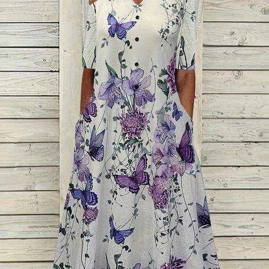  Butterfly & Floral Print Button Decor Midi Dress