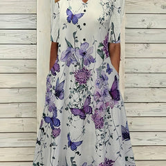  Butterfly & Floral Print Button Decor Midi Dress