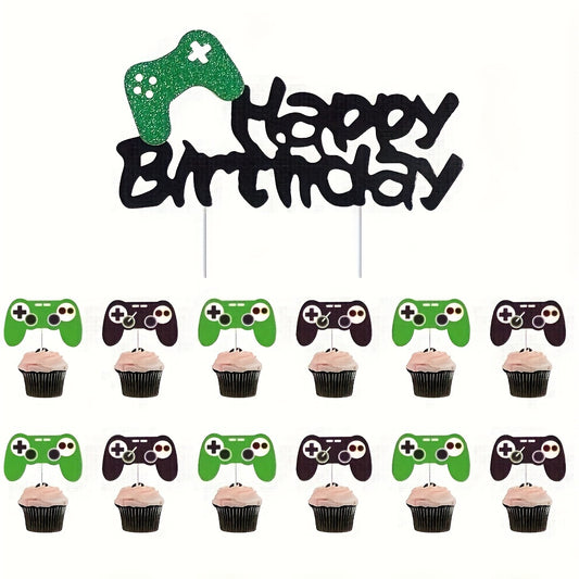 13pcs Gamepad Theme Cake Flag Cupcake Decorations Boy Birthday Cake Tag Flag Set