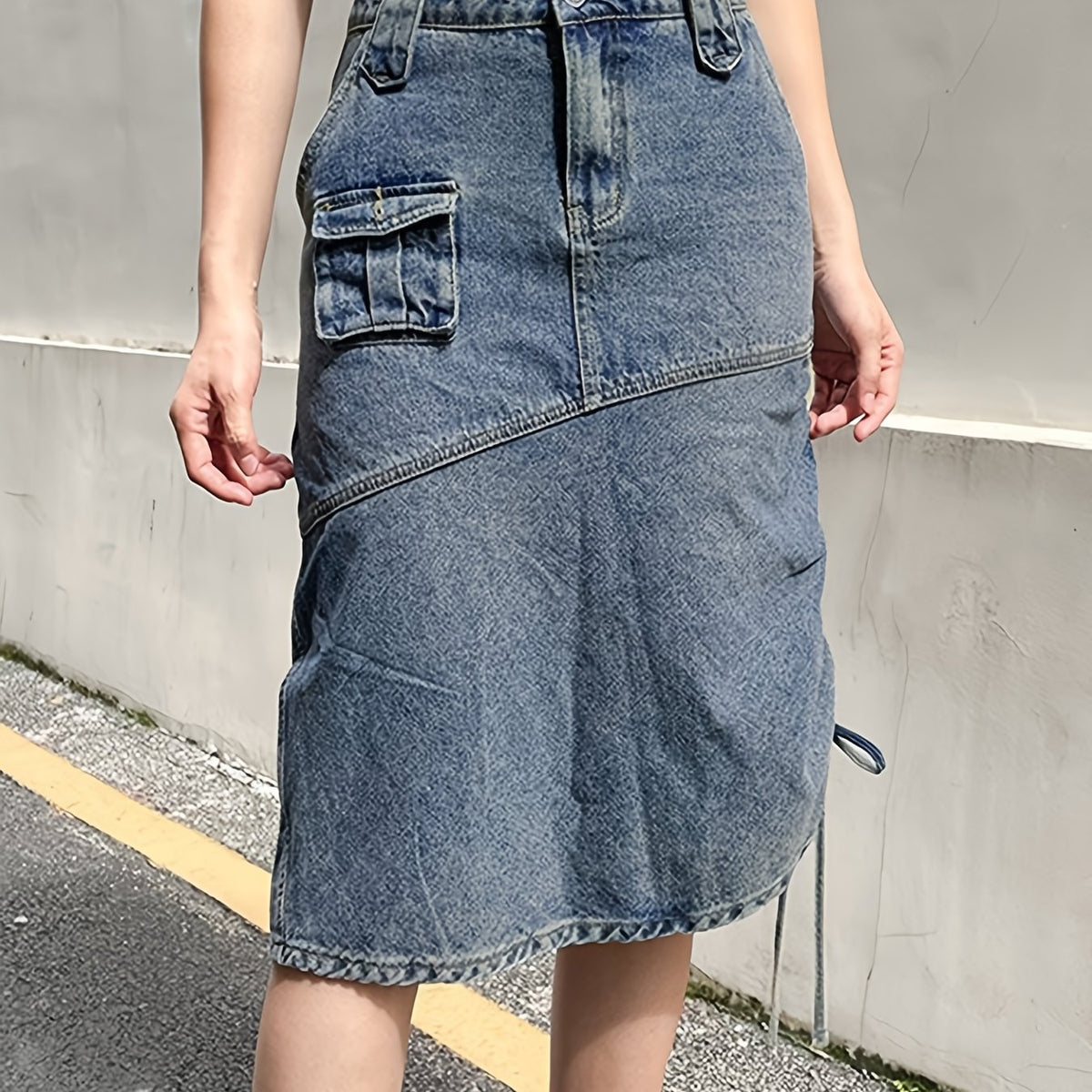 Cargo Denim Midi Skirt Y2K & Kpop Style Drawstring Denim Skirt
