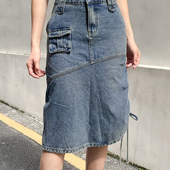 Cargo Denim Midi Skirt Y2K & Kpop Style Drawstring Denim Skirt