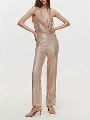 Glitter Sequined Backless Halter Neck Jumpsuit Sexy Jumpsuit