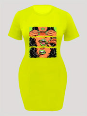  Cartoon Figure Print Short Sleeve Dress