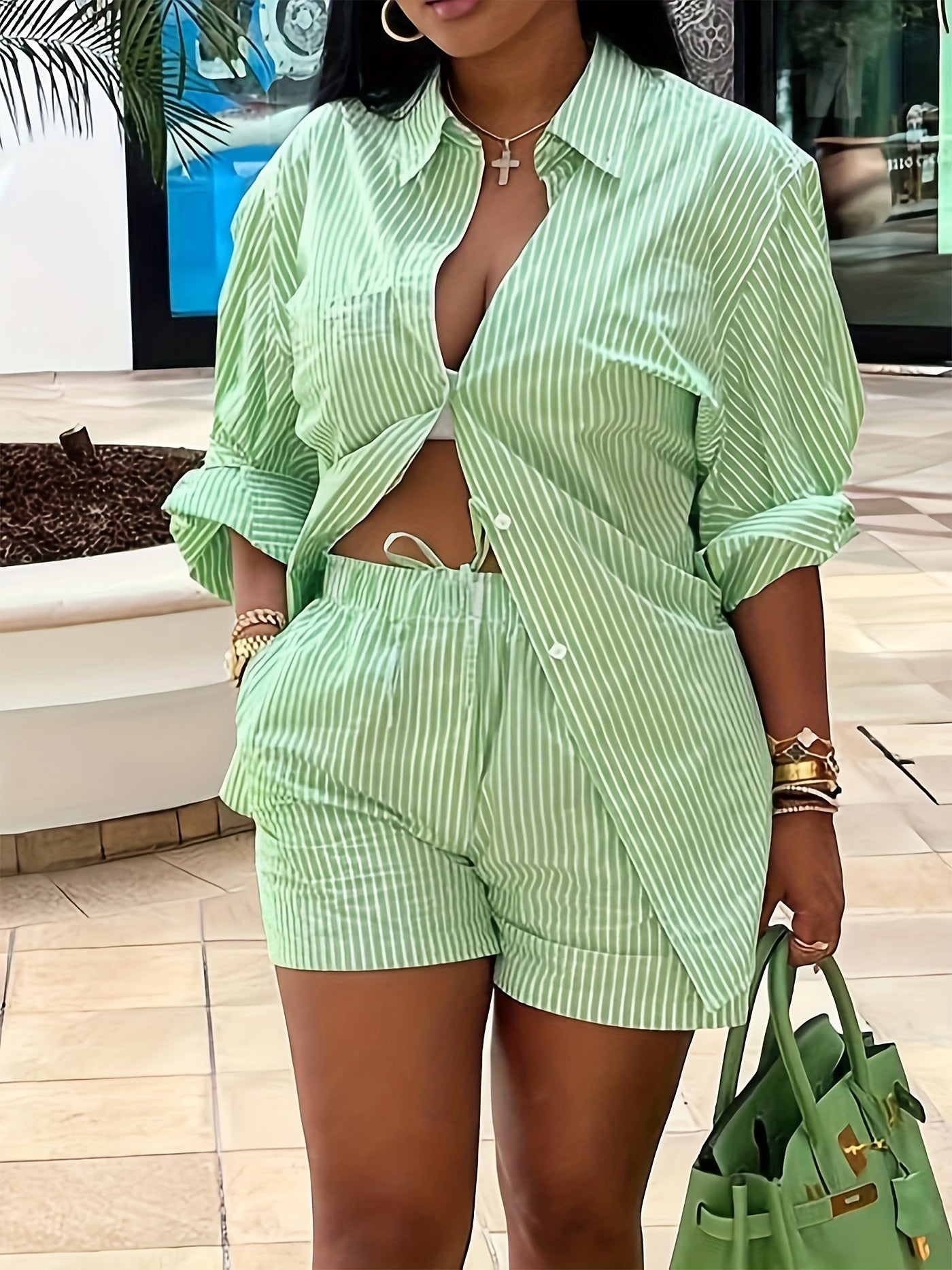 Striped Two Piece Shirt & Shorts Set for Women