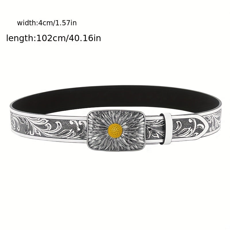 Silvery Sunflower Carved Buckle Belt Western Leaf Embossed Belt